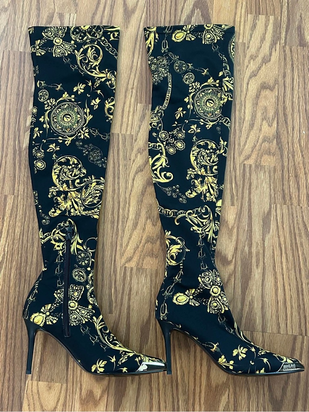 Versace Jeans Collection Black and Gold Baroque Over-the-Knee Stiletto Boots